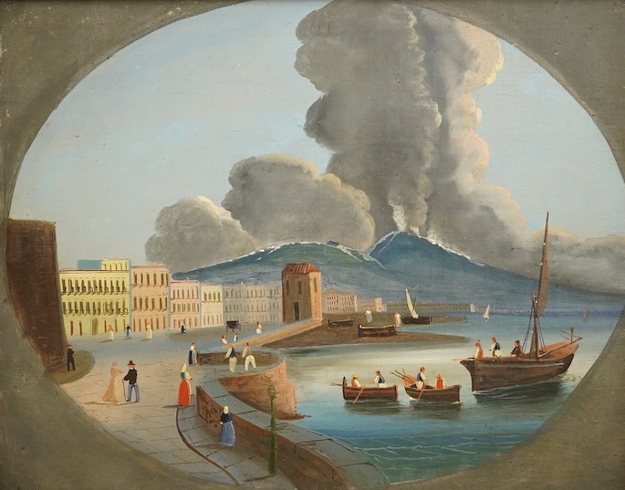 Neapolitan School, Vesuvius erupting, naive oil on canvas board, feigned oval, maple framed, 39 x 50cm